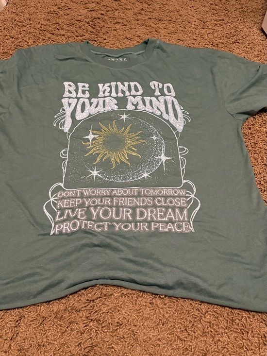 Awake Tops - Awake Olive Green Graphic Tee with Distressed White Print
